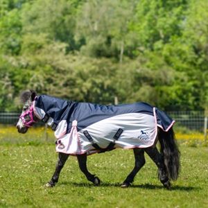 Gallop PONIE Trojan Fly Turnout Combo (Navy/White/Pink Binding)