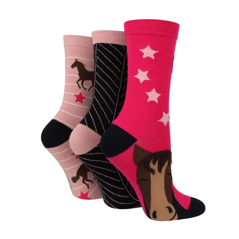 Wild Feet Ladies Pack of 3 Crew Socks- Horse