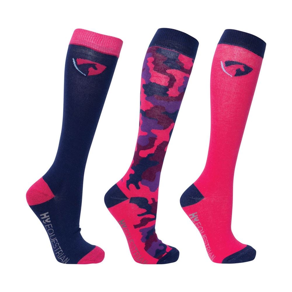 Hy Equestrian Children's Dyna Force Socks Pack of 3 (Raspberry/ Navy)