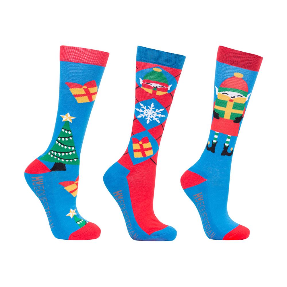 Hy Equestrian Jolly Elves Children's Socks - Pack of 3 (Winter Blue/Festive Red)