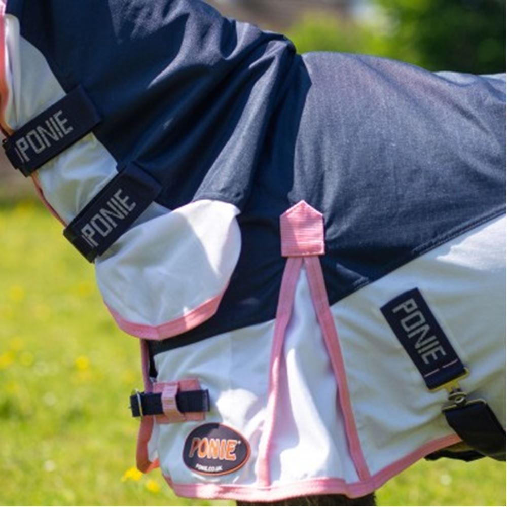 Gallop PONIE Trojan Fly Turnout Combo (Navy/White/Pink Binding)