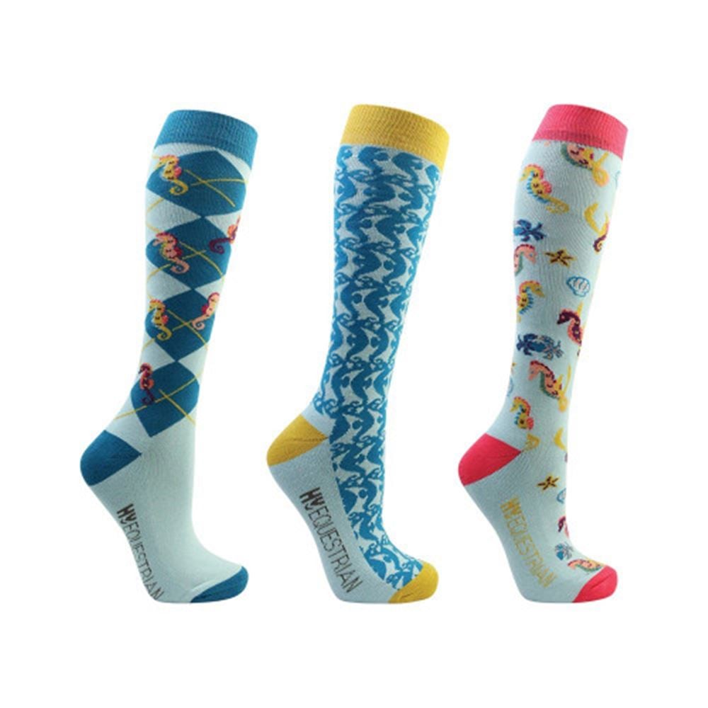 Hy Equestrian Shanti Seahorse Socks - Pack of 3 (Light Blue/Blue)