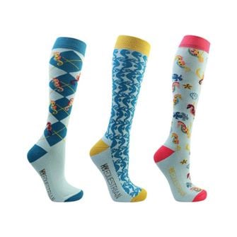 Hy Equestrian Shanti Seahorse Socks - Pack of 3 (Light Blue/Blue)