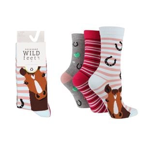 Wild Feet Ladies Pack of 3 Crew Socks- Horsing Around